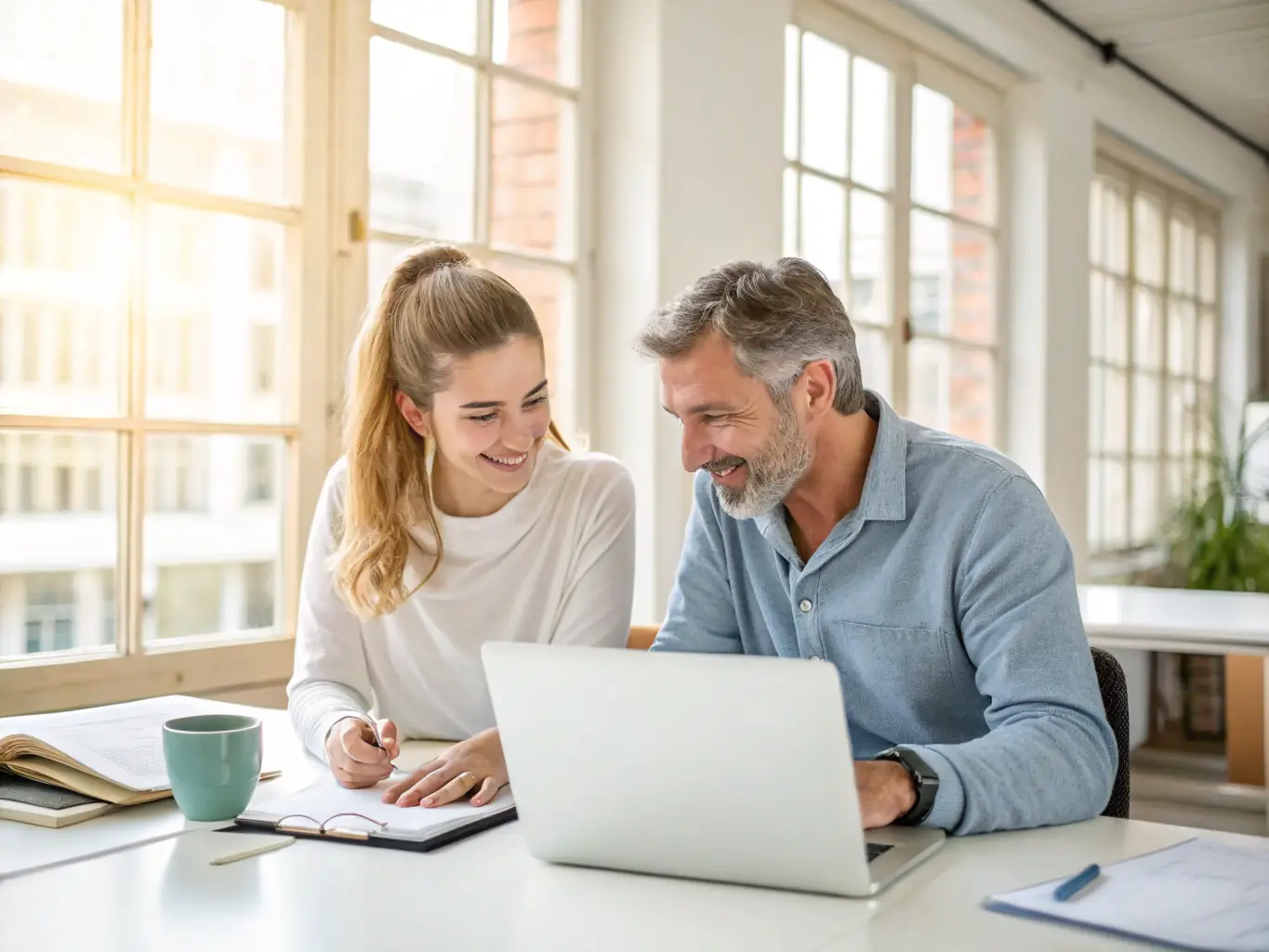 A coach and entrepreneur reviewing a detailed business plan on a tablet, set against the backdrop of a bustling Canadian city, symbolizing strategic planning and growth.