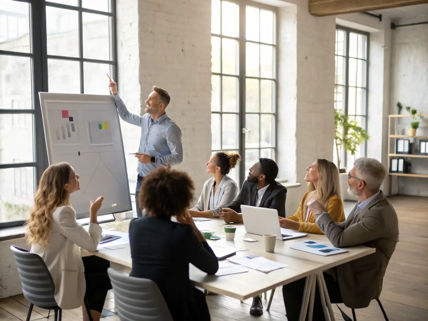 A dynamic image of a business coach leading a strategy session with a team of entrepreneurs in a modern office setting, emphasizing collaboration and forward-thinking.