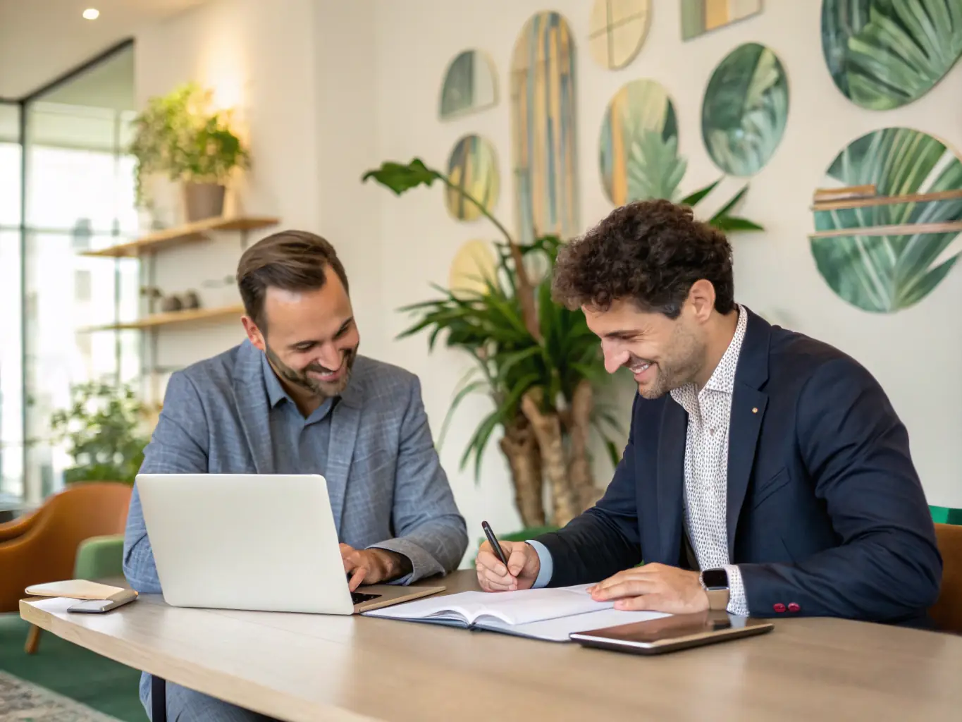 A Canadian entrepreneur in a modern office, reviewing growth charts with a coach, both smiling confidently, symbolizing business scaling success.