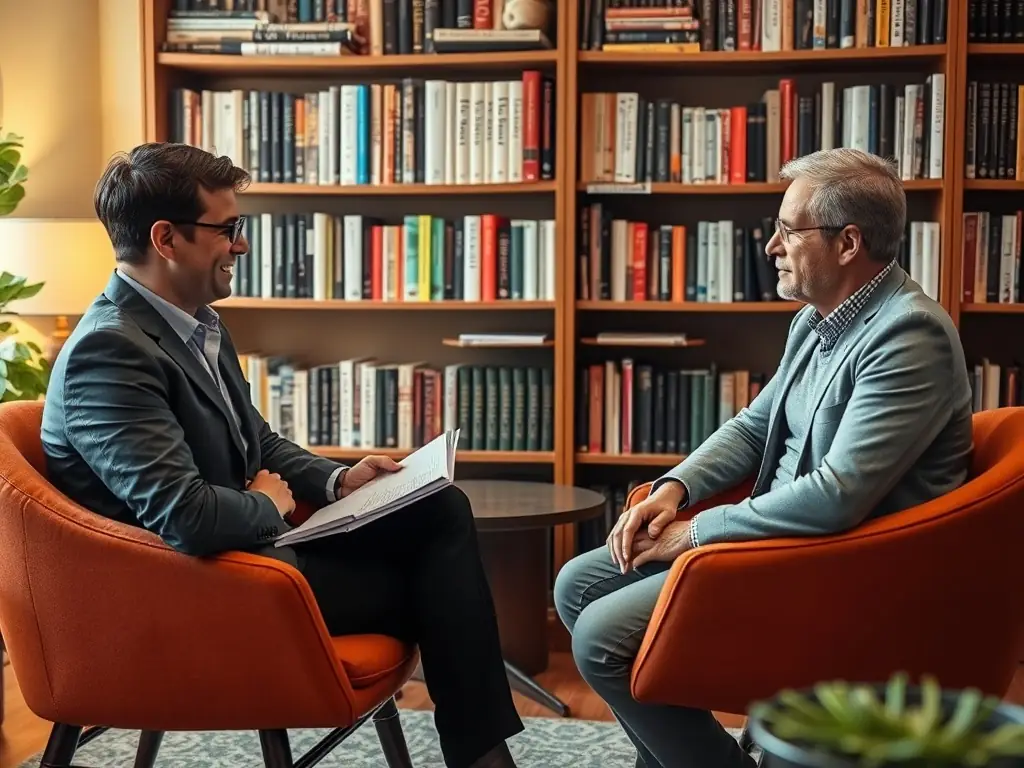 A professional image of a business coach providing one-on-one guidance to an entrepreneur, focusing on personalized support and goal setting.