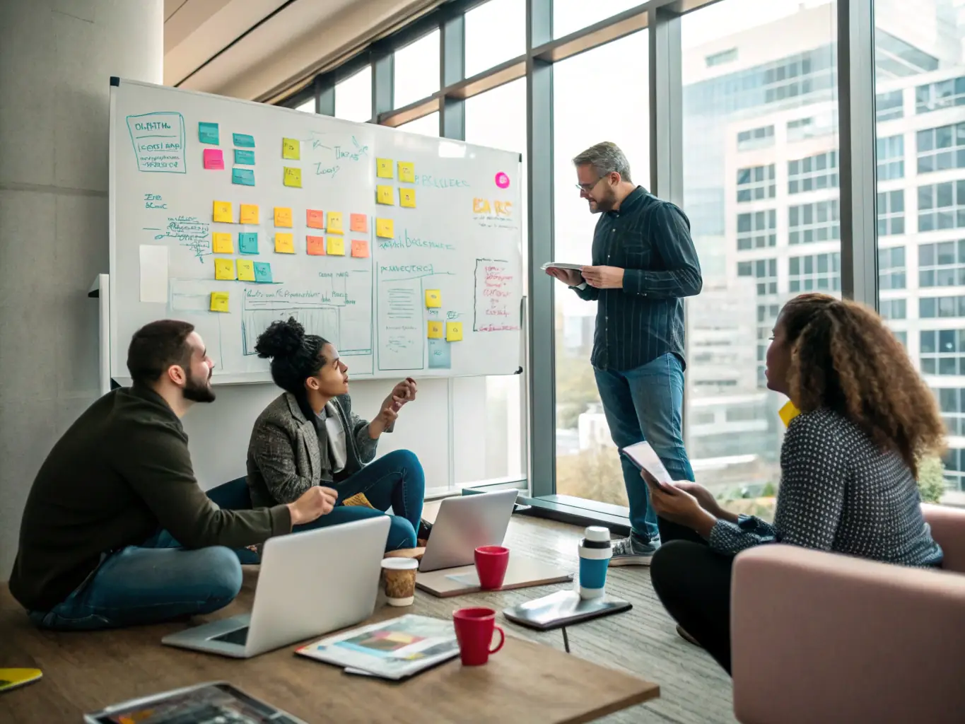 A diverse team brainstorming innovative ideas in a collaborative workspace, using sticky notes and whiteboards, representing innovation strategy sessions.