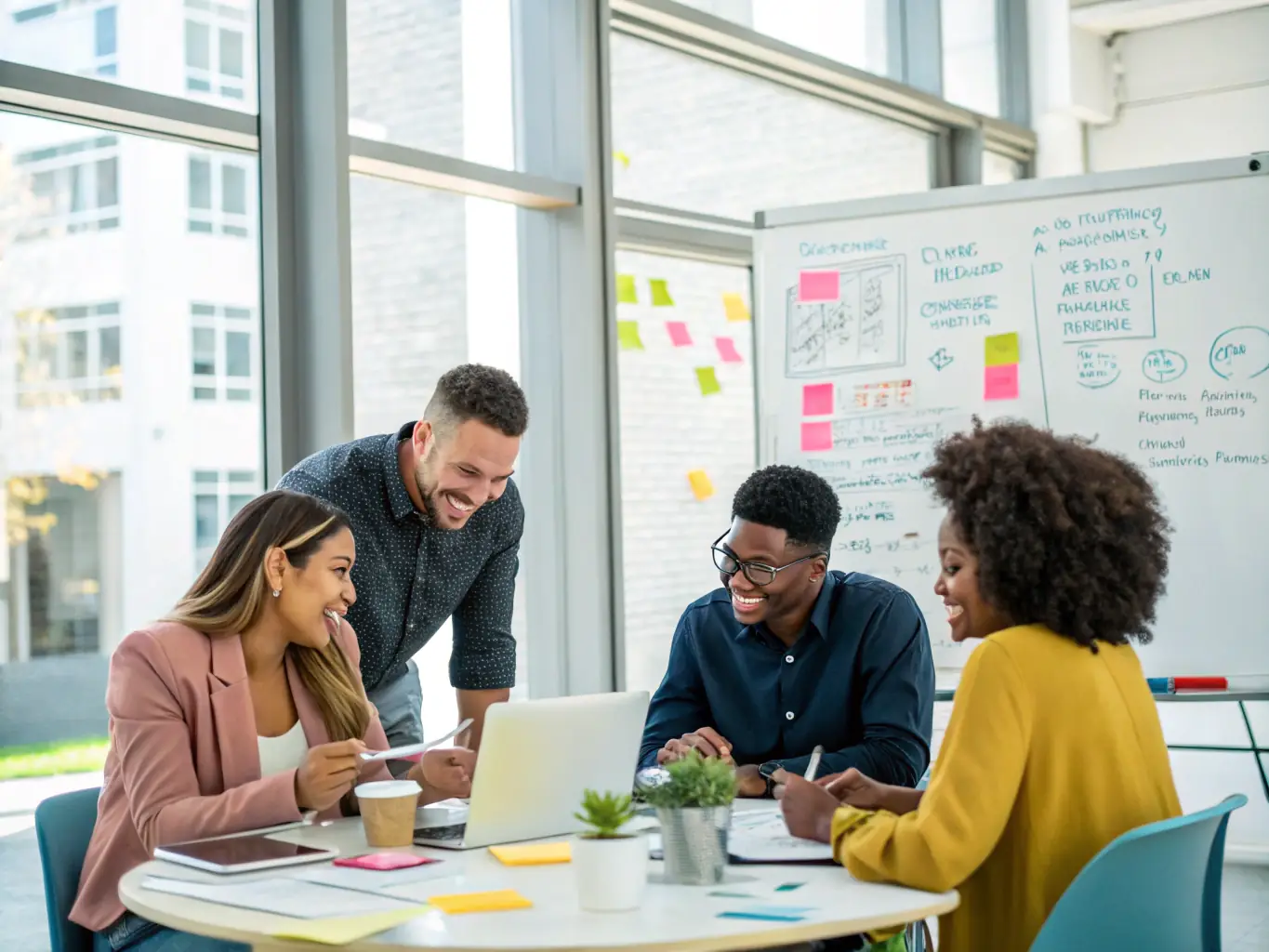 An inspiring image of a diverse group of entrepreneurs brainstorming innovative ideas in a collaborative workspace, symbolizing creativity and problem-solving.